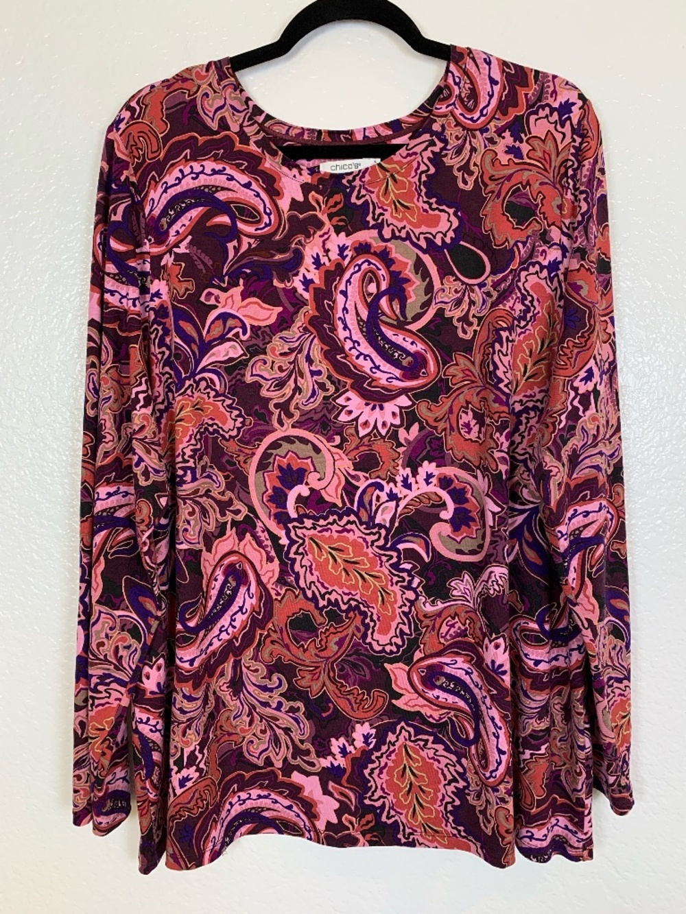 Chico's Pink Paisley Top 4 = U.S. XXL Long Sleeve Stretchy Floral Vibrant Soft
